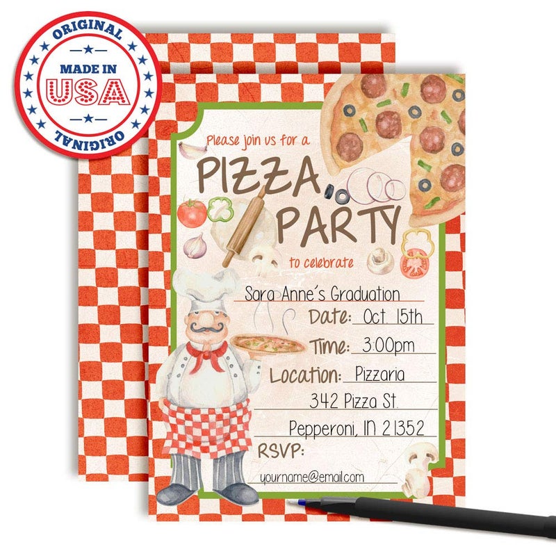 Amanda Creation Watercolor Chef Pizza Party Themed Birthday Party Invitations for Kids, 20 5x7 Fill In Cards with Twenty White Envelopes by AmandaCreation - Image 3